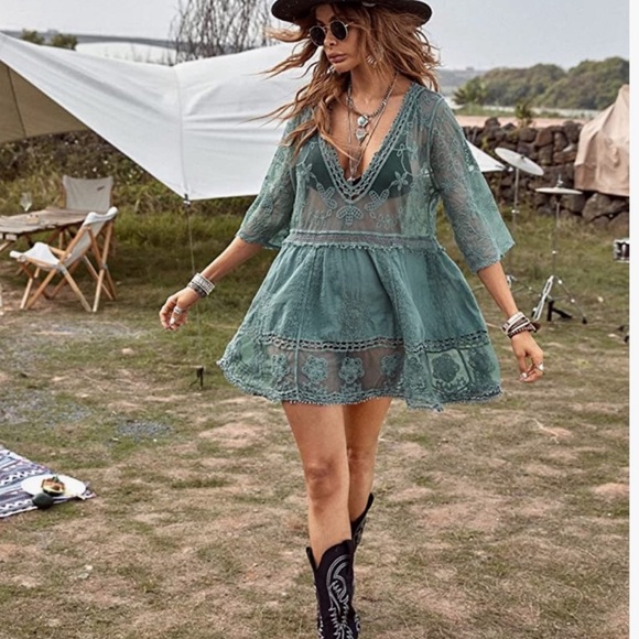 New OS BOHEMIAN CHIC GREEN XL Lace Crochet Tunic Cover-up/Top - Picture 2 of 11